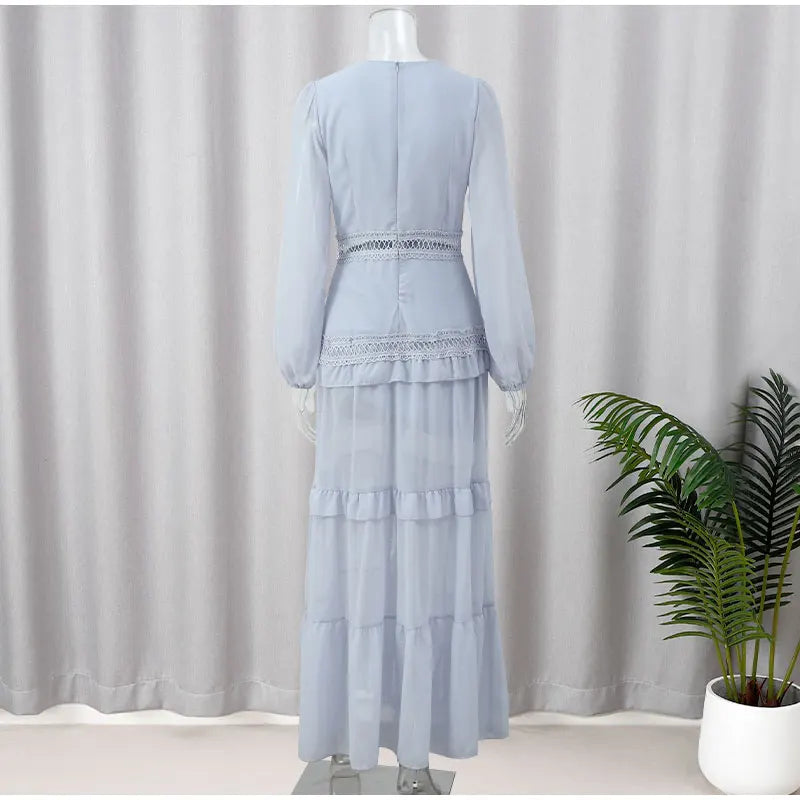 Women V-neck Lantern Long Sleeves Maxi Dress Elegant Patchwork Ruffles Hollow Lace Slim Summer Dress - The Clothing Company Sydney