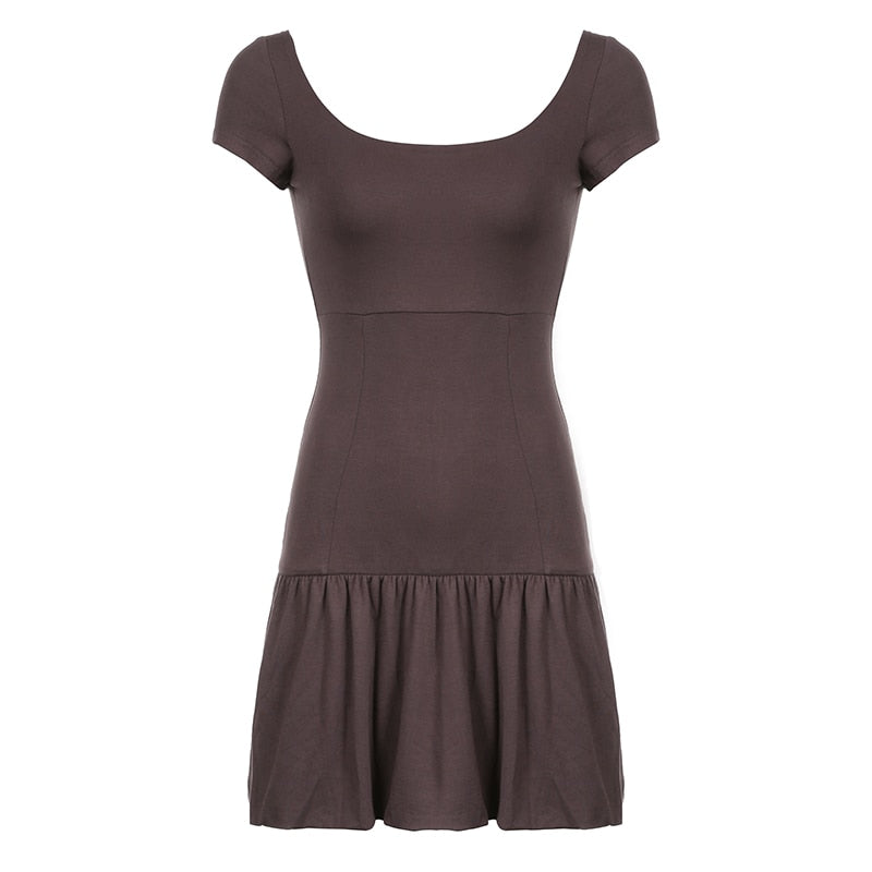 Brown Vintage Y2K Folds Slim Summer Mini Dress for Women Round Neck Dress The Clothing Company Sydney