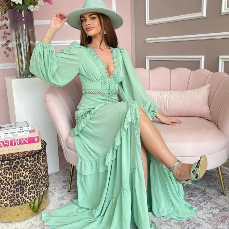 Women V-neck Lantern Long Sleeves Maxi Dress Elegant Patchwork Ruffles Hollow Lace Slim Summer Dress - The Clothing Company Sydney