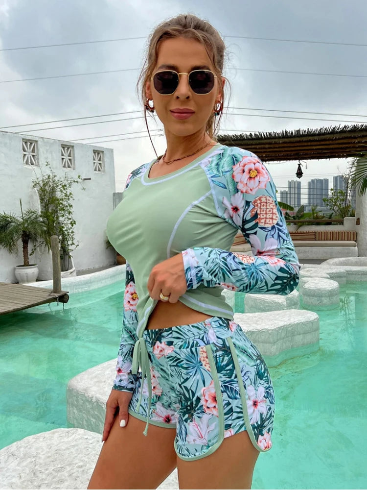 Tankini Women's Swimsuit Tropical Print Bikini Set Long Sleeve Swimwear Summer Shorts Beachwear Female Bathing Suit The Clothing Company Sydney