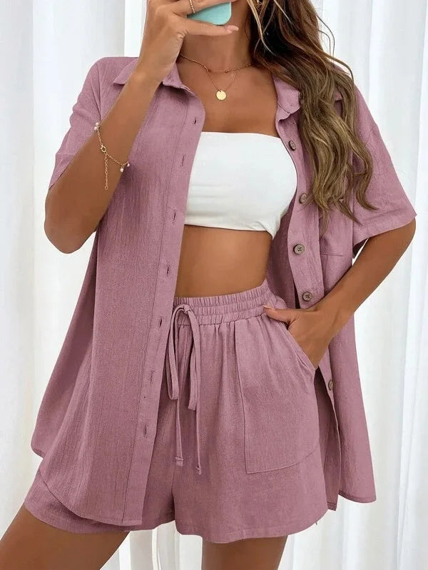 Casual Loose Single-breasted Top And Drawstring Shorts Set Fashion Ladies Suits Summer 2 Piece Set  Matching Outfits - The Clothing Company Sydney