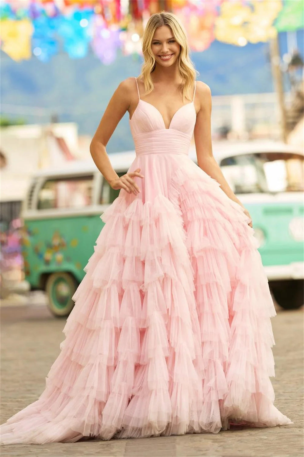 Baby Pink Multilayer Prom Dress Princess Evening Tulle Sweep Train Party Dresses Sleeveless Dress The Clothing Company Sydney