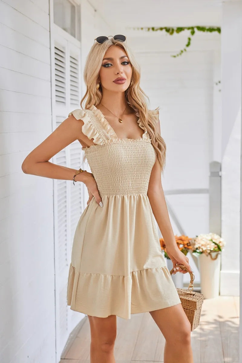 Womens Summer Casual Boho Sleeveless Backless Square Neck Smocked Ruffle Mini Dress A-Line Swing Sundress - The Clothing Company Sydney