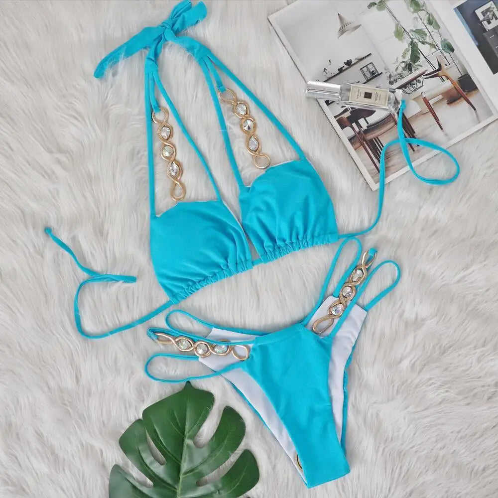 Rhinestone Two 2 Piece Swimsuit Crystal Thong String Bikini Set Women Swimwear Beach Wear Bathing Suit - The Clothing Company Sydney