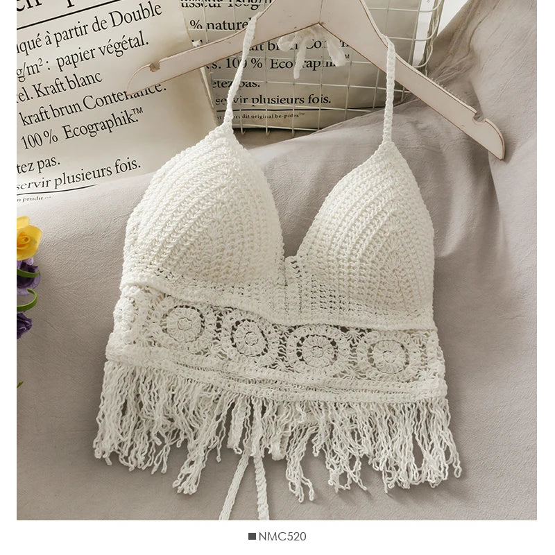 Crop Tops Retro Wild Hollow Perspective Tassel Spaghetti Strap Tank Top Women Built In Bra Back Lace Halter Neck Top - The Clothing Company Sydney