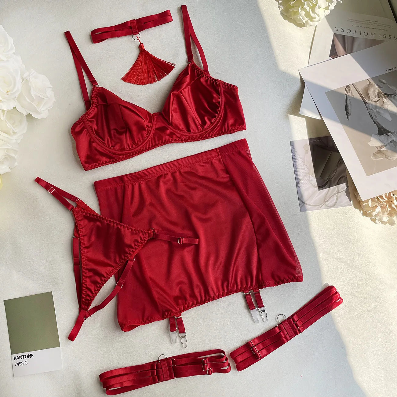 5 Piece Satin Lingerie Underwear Lace Seamless Intimate Skirt Bra And Briefs Outfit Set - The Clothing Company Sydney