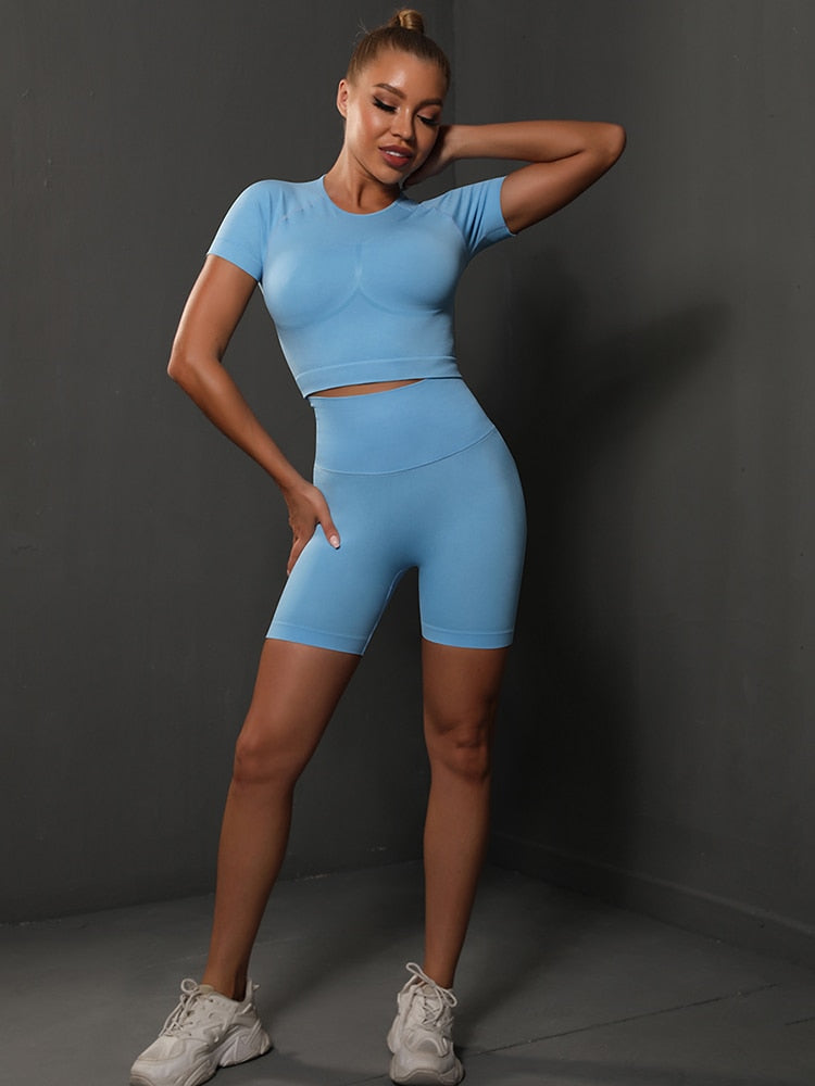 2 Piece Seamless Yoga Set Gym Sportswear Sport Top and High Waist Short Suit Fitness Workout Butt Lifting Short Tight Suit The Clothing Company Sydney