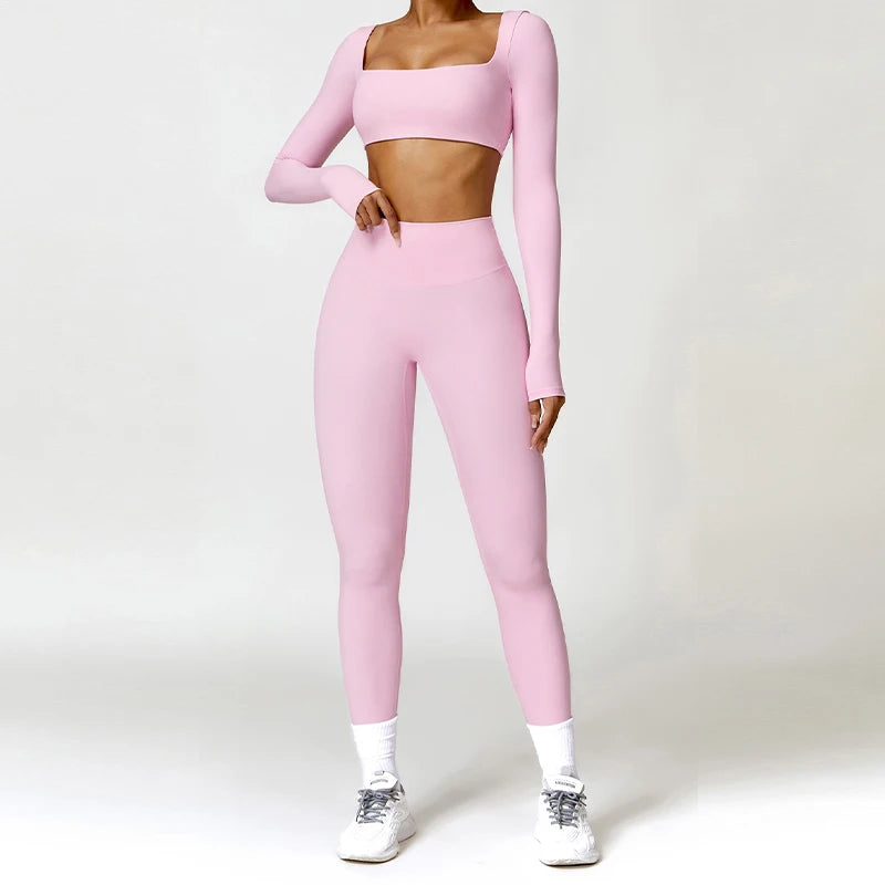 2 Piece Long Sleeve Gym Set Women Yoga Clothes Quick-Drying Sportswear Running Leggings Workout Sports Crop Top Shorts