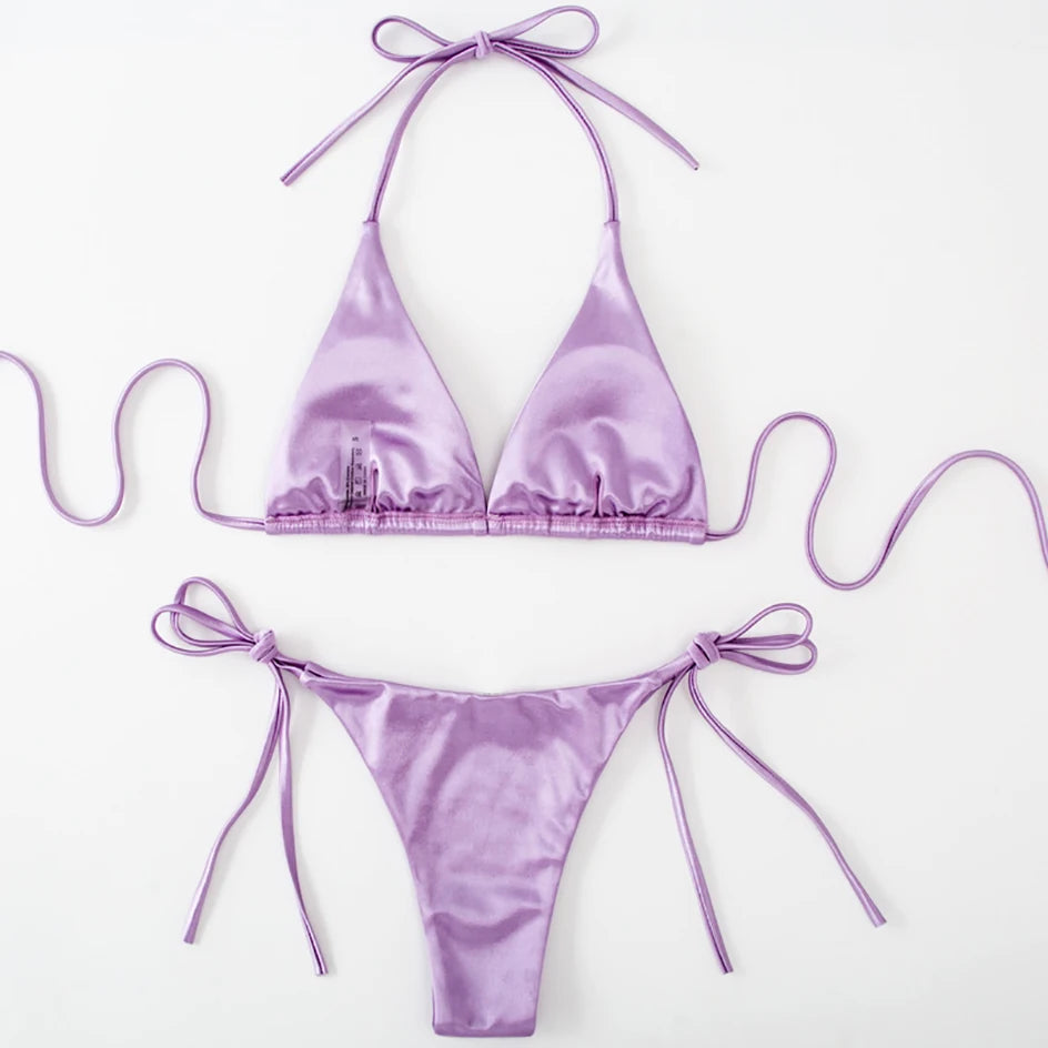 Metallic Halter Triangle Swimsuit Women Swimwear Bathing Suits Brazilian Thong Micro Bikinis Set Beach Wear - The Clothing Company Sydney