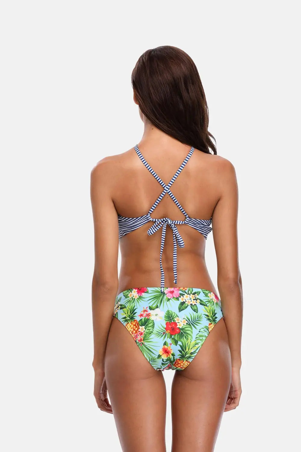 Women's Striped Bikini Set High Neck Swimsuit Vintage Floral Swimwear Strappy Bathing Suit Padded Beachwear - The Clothing Company Sydney