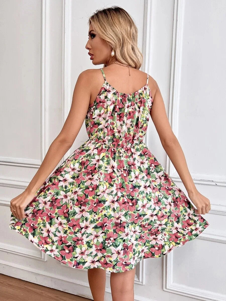 Floral Print Short Dress Women Summer Backless Beach Sundress Casual Sleeveless Lace-up Dresses - The Clothing Company Sydney