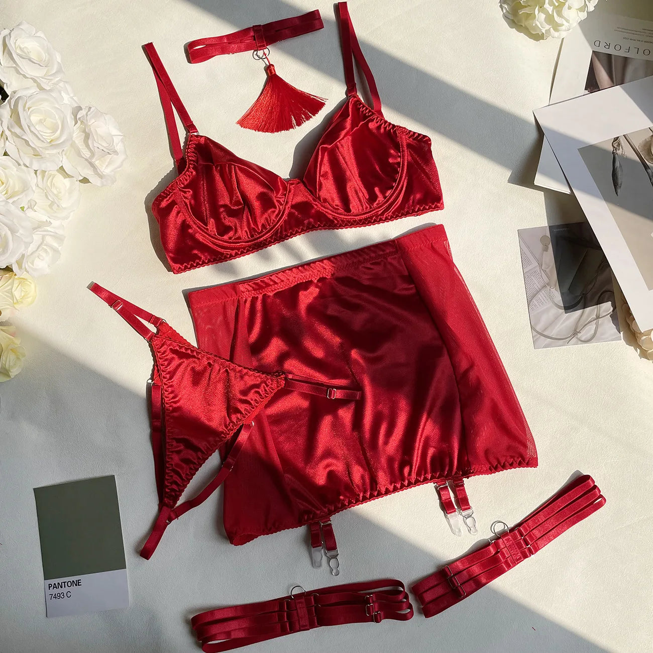 5 Piece Satin Lingerie Underwear Lace Seamless Intimate Skirt Bra And Briefs Outfit Set - The Clothing Company Sydney