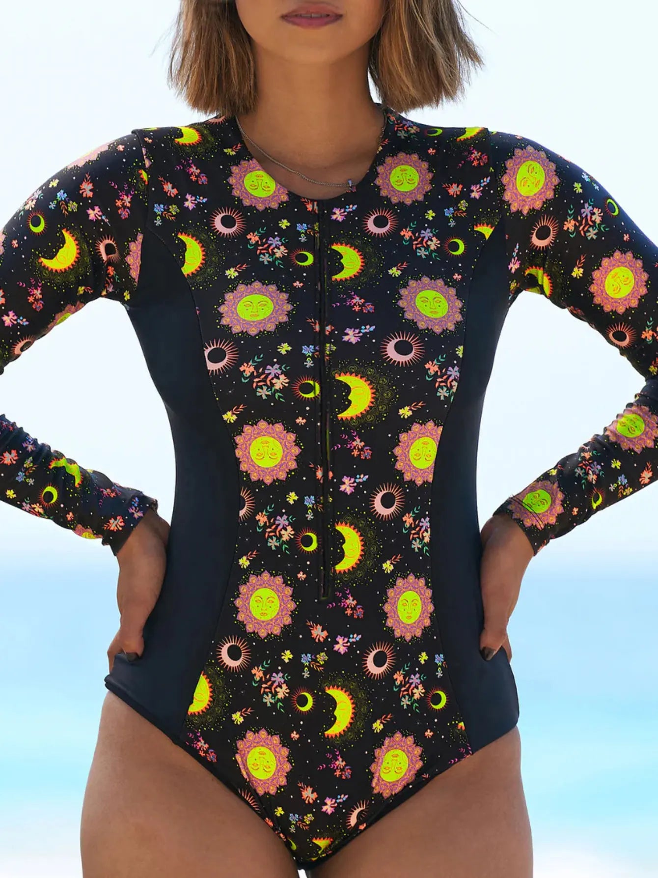 Women Print Floral One Piece Swimsuit Long Sleeve Bathing Suit Swimsuit Vintage Beachwear Surfing Swim Suit - The Clothing Company Sydney