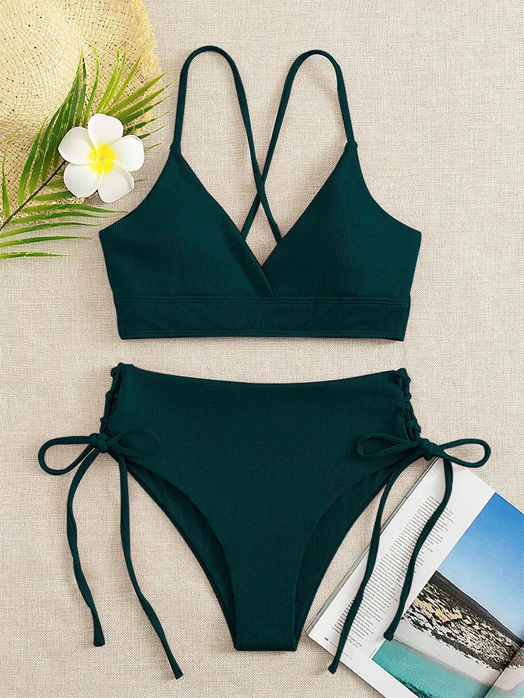 V-Neck Split Bikini Set for Women Swimsuit Lace Up Triangular Beach Swimwear Bathing Suit The Clothing Company Sydney