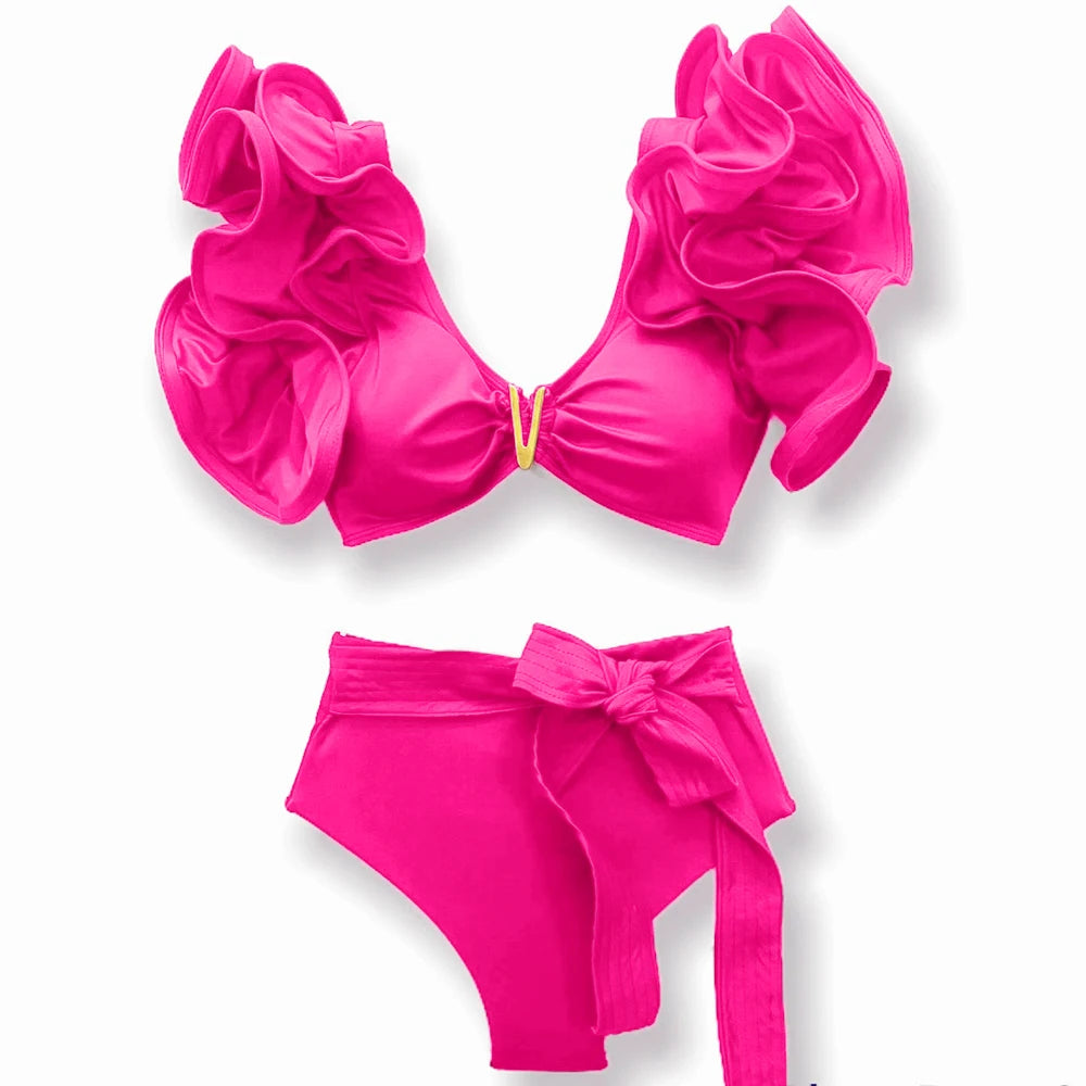 V-Neck High Waist Bikini Sets Shoulder Ruffled Printed Swimsuit Two Piece Swimwear Bathing Suits The Clothing Company Sydney