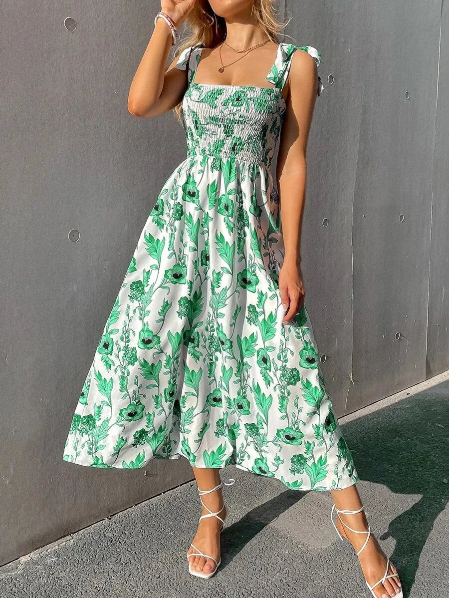 Floral Long Dress Women's Backless Sleeveless Bandage Beach Sundress Casual Green Summer Ladies Dresses - The Clothing Company Sydney