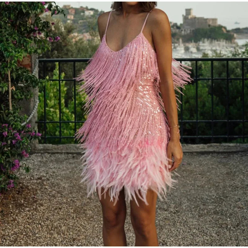 Tassel Sequins Feather Mini Dress Women's Spaghetti Strap Stitching Elegant Evening Party Club Dress - The Clothing Company Sydney
