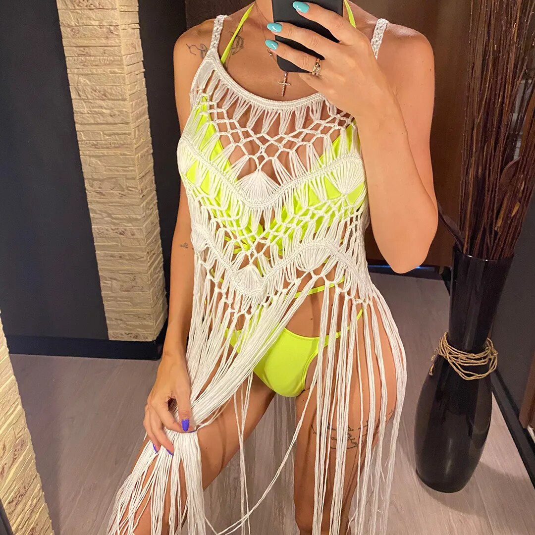 Hollow Out Fringe Tassel Knitted Crochet Tunic Beach Cover Up Cover-ups Beach Dress Beach Wear Beachwear The Clothing Company Sydney