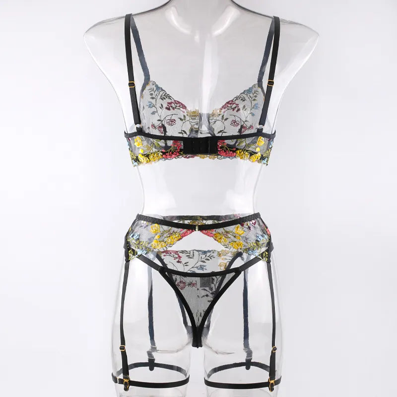 3 Piece Lingerie Sensual Lace Underwear Transparent Embroidery Garters Fancy Beautiful Bra Panties Intimate Set The Clothing Company Sydney