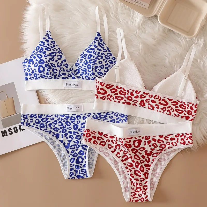 Women's Seamless Bra Set Leopard V-neck Brassieres and Low Rise Panties Lingerie Sport Bra Top Female Cotton Underwear Set - The Clothing Company Sydney