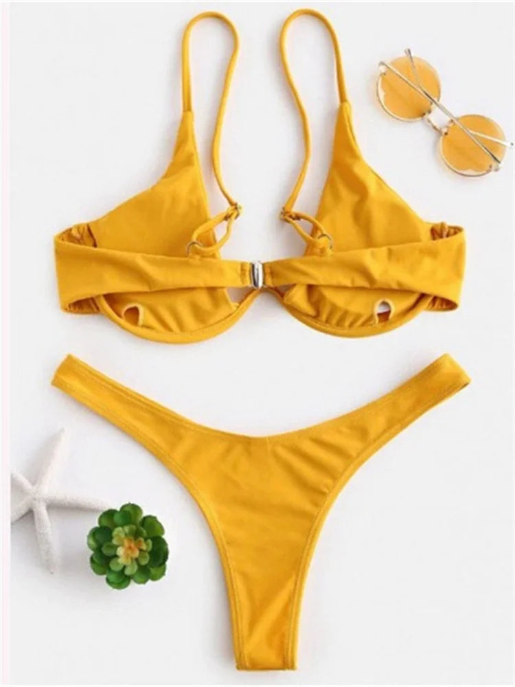 2 Piece Underwire Bikini Women Solid Red Push Up Bra Thong Swimsuit Haler V Neck Bathing Suit Mini Micro Thong Swimwear The Clothing Company Sydney