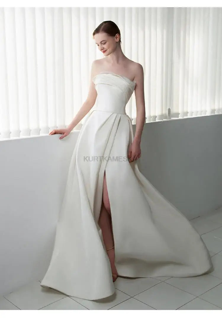Luxury White Satin Trailing Wedding Dresses Women Elegant Strapless Long Prom Party Bridal Dress - The Clothing Company Sydney