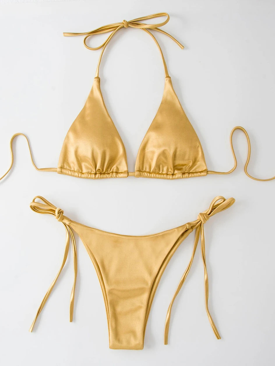 Metallic Halter Triangle Swimsuit Women Swimwear Bathing Suits Brazilian Thong Micro Bikinis Set Beach Wear - The Clothing Company Sydney