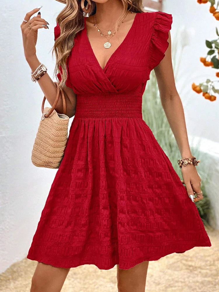Elegant Short Summer Casual Slim Red Sleeveless Holiday Beach Dress Fashion V Neck A-line Dresses - The Clothing Company Sydney