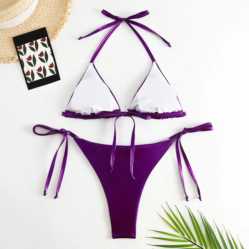 2 Piece Shiny Triangle Micro Thong Bikinis Sets Swimsuit Mini Swimwear Bathing Swiming Suits - The Clothing Company Sydney