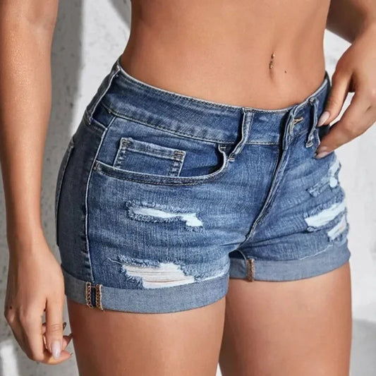 Women's Split Denim Shorts Summer Mid Waist Curled Cuff Elastic Slim Fit Casual Shorts The Clothing Company Sydney