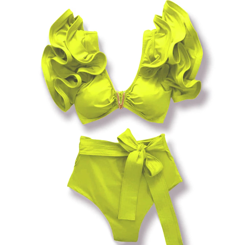 V-Neck High Waist Bikini Sets Shoulder Ruffled Printed Swimsuit Two Piece Swimwear Bathing Suits The Clothing Company Sydney