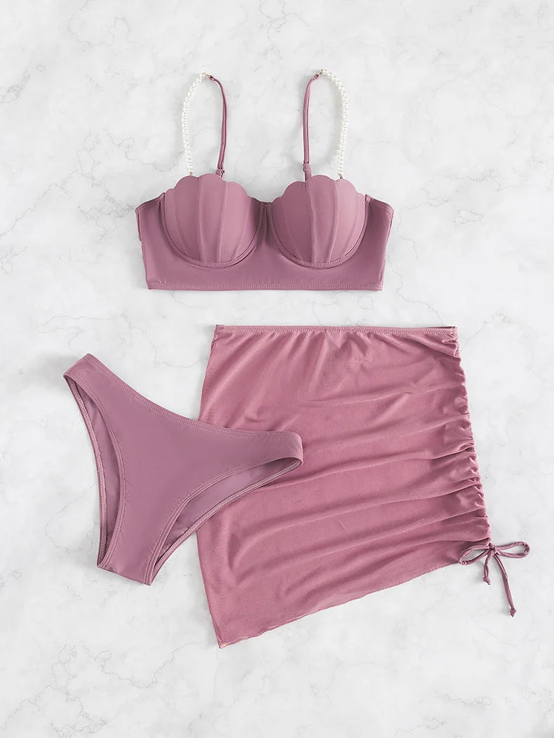 3 Piece Women's Swimsuit Off Shoulder Suspender Pure Cotton Fashion Backless Beach Split Swimwear - The Clothing Company Sydney