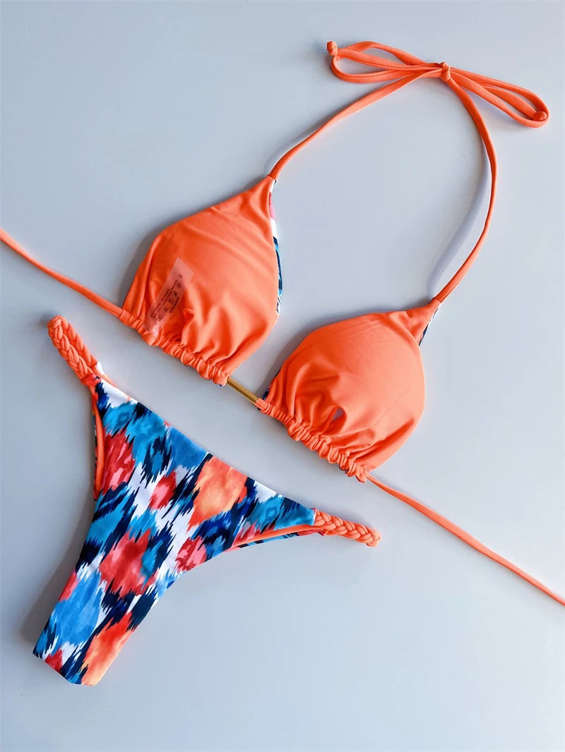 Women's Bikini Roped Swimsuit Set Split European And American Printed Beach Swimwear - The Clothing Company Sydney