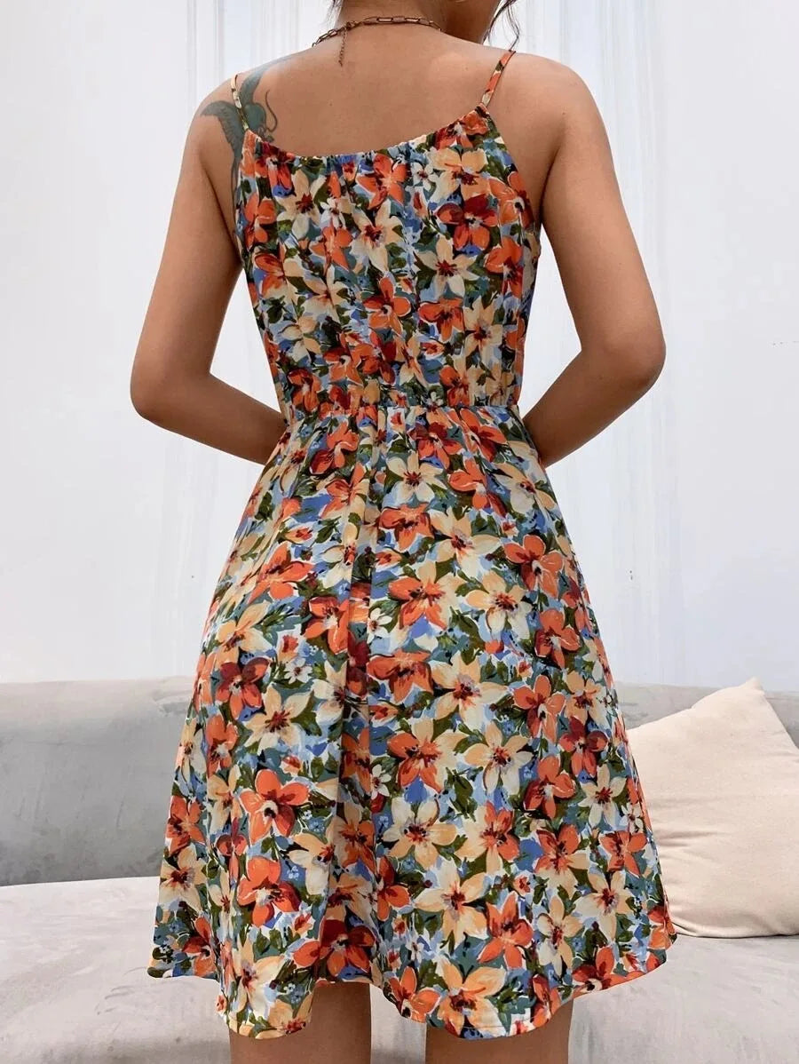 Floral Print Short Dress Women Summer Backless Beach Sundress Casual Sleeveless Lace-up Dresses - The Clothing Company Sydney