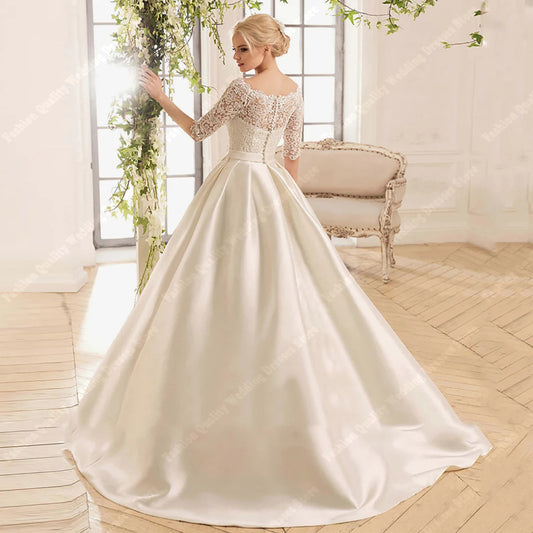Round Neck Bride Dresses Classic Bright Satin Wedding Gowns New Graceful A-Line Customized Wedding Dress The Clothing Company Sydney