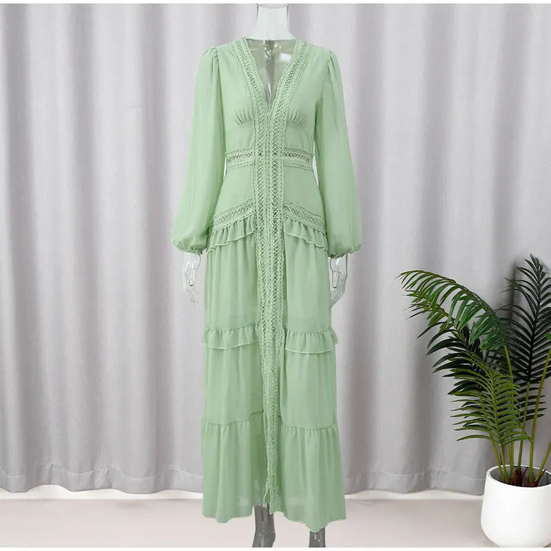 Women V-neck Lantern Long Sleeves Maxi Dress Elegant Patchwork Ruffles Hollow Lace Slim Summer Dress - The Clothing Company Sydney