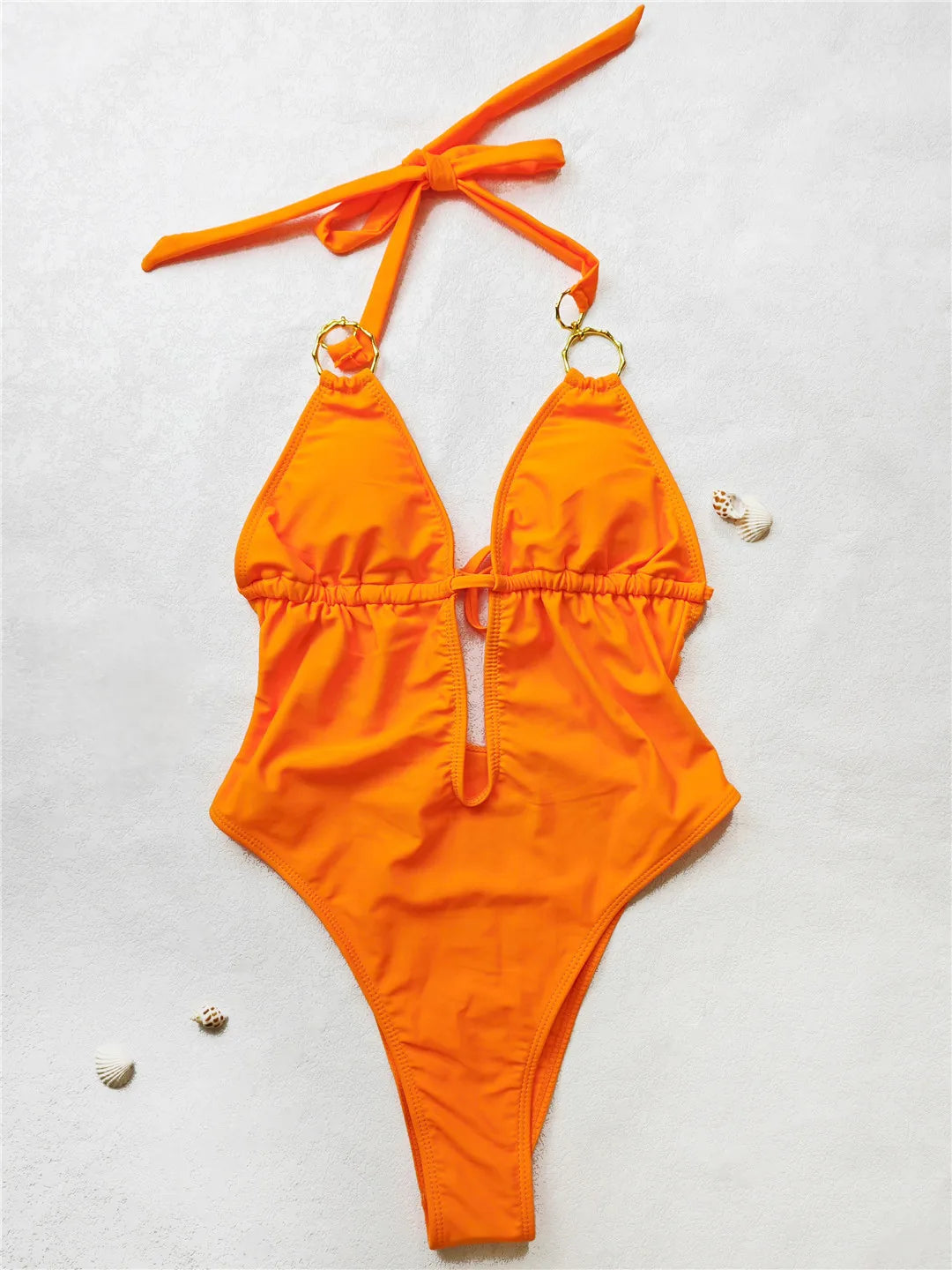 Orange Swimwear Women Deep V Neck Metal Strap Hollow Out Backless One Piece Swimsuit Summer Bathing Suit Monokini The Clothing Company Sydney