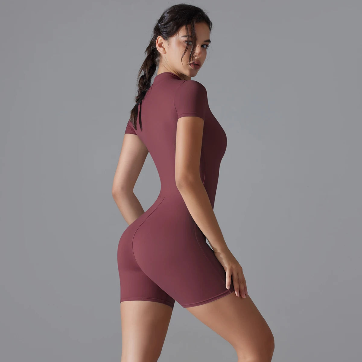 Yoga Set Women's Jumpsuits One-Piece Suit Zipper Short Sleeve Gym Push Up Workout Fitness Bodysuit Sportswear - The Clothing Company Sydney