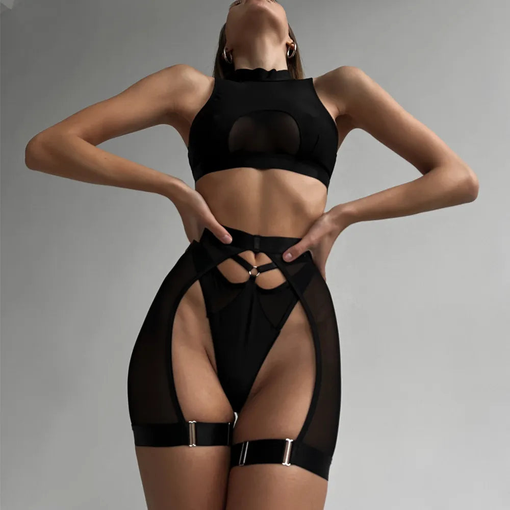Lingerie Set Woman 3 Piece Vest Top Seamless Underwear Garter Belt Set Thong Black Intimate Exotic Set - The Clothing Company Sydney