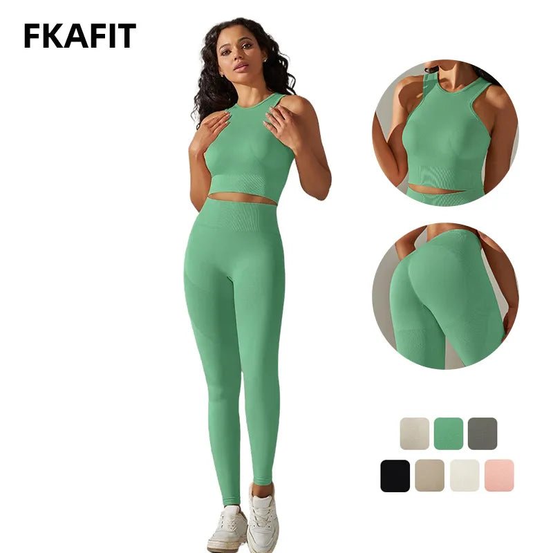 2 Piece Nylon Tracksuits Women's Yoga Set Sports Suit Sports Vest Gym Leggings Suit Seamless Workout Clothes Gymwear - The Clothing Company Sydney