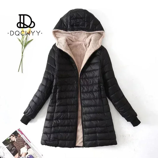 Women's Jacket Winter Mid Length Hooded Fit Plus Fleece Cotton Padded Coat Warm Lamb Fleece Parkas Winter Jackets - The Clothing Company Sydney