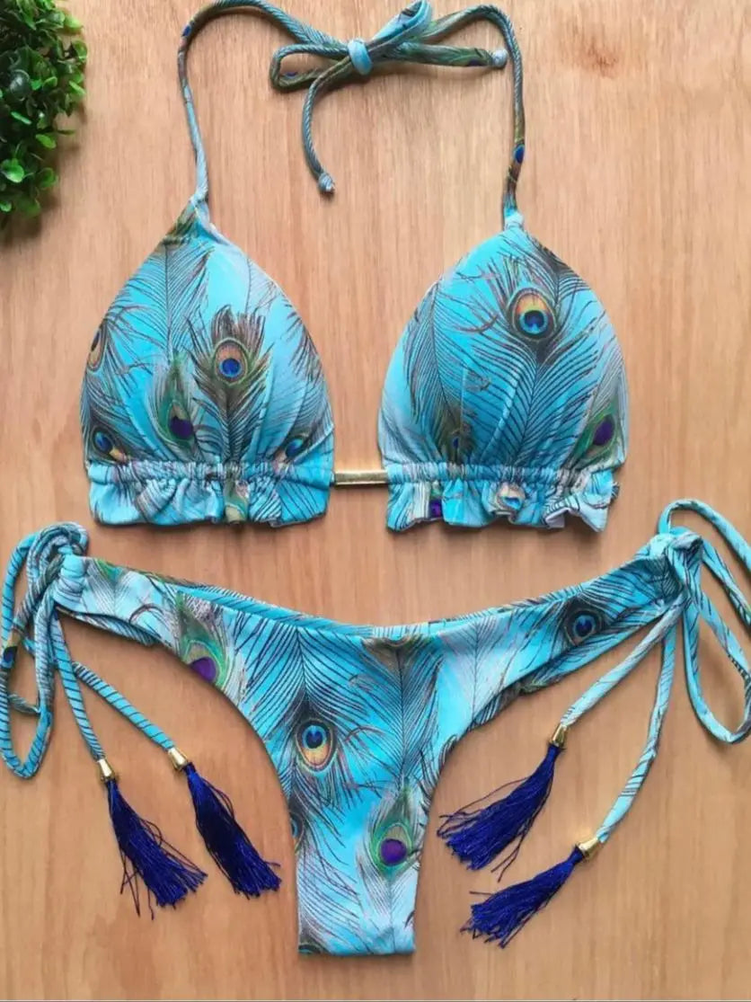 2 Piece Micro Swimsuit Women Feather Print Swimwear Female Bathing Suit Bikini Set The Clothing Company Sydney