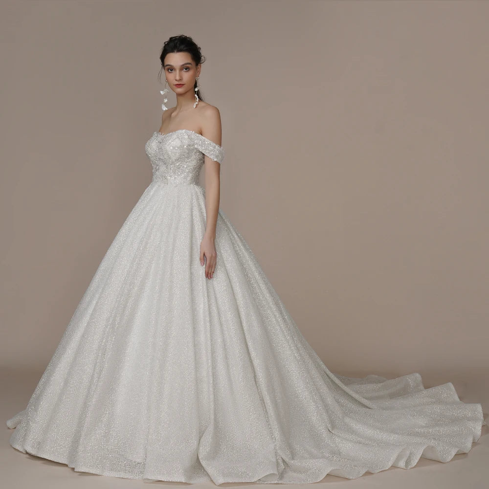 Princess Strapless Ivory Glitter Wedding Dresses Court Train Bride 3D Flower Romantic Shinny Bridal Gown The Clothing Company Sydney