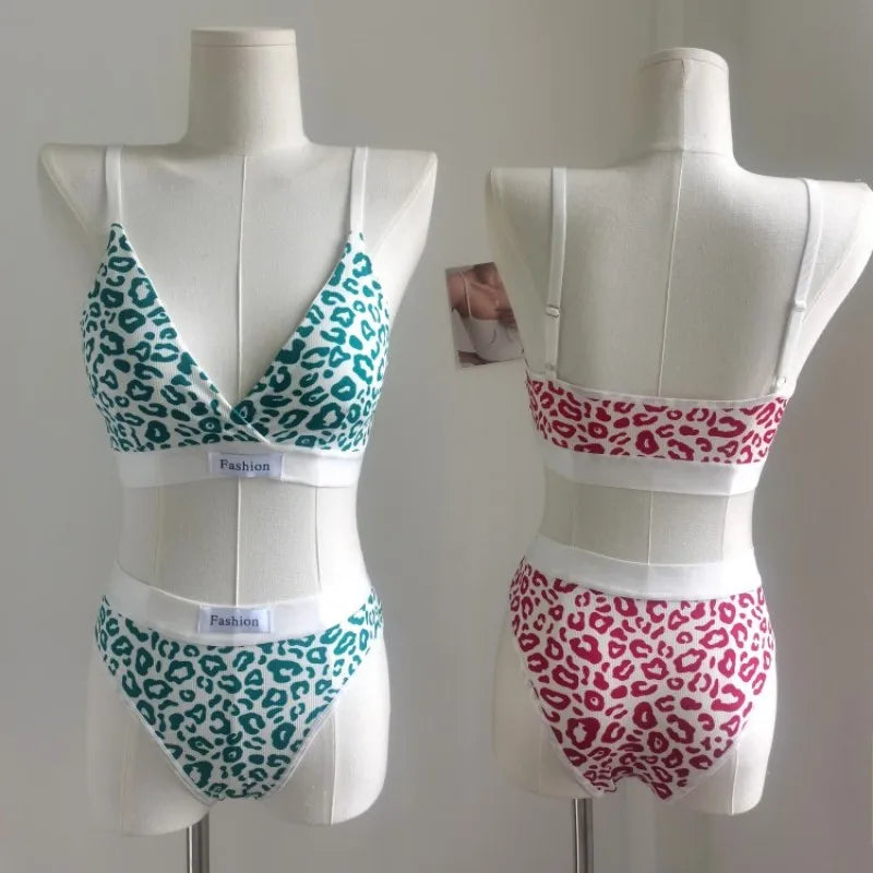 Women's Seamless Bra Set Leopard V-neck Brassieres and Low Rise Panties Lingerie Sport Bra Top Female Cotton Underwear Set - The Clothing Company Sydney