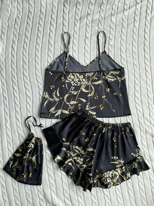 Women's Floral Cami Pyjama Set with Matching Bag – Ruffle Hem Shorts Sleepwear The Clothing Company Sydney