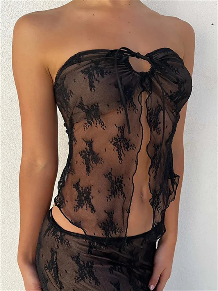 2 Piece Set Women Lace Bustiers Strapless Off Shoulder Tube Tops Party Club Mesh See Through Tank Low Waist Long Skirts The Clothing Company Sydney