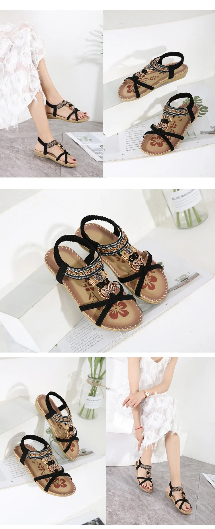 Women Fashion  Flat Flower Rhinestone Open Toe Outdoor Wear Beach Sandals - The Clothing Company Sydney