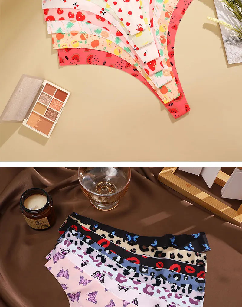 7 Pack Ice Silk G-String Thong Women's Seamless Panties Low Waist Print Underwear Lingerie - The Clothing Company Sydney