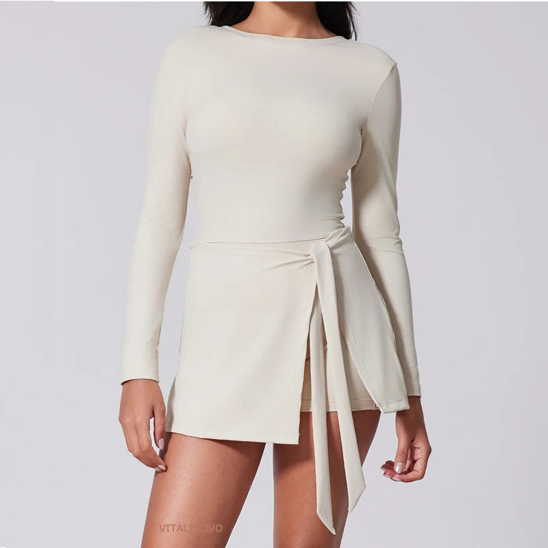 Womens High Neck Tennis Dress Long Sleeve Sarong Wrap Skirt Built in Shorts Golf Athletic Dress - The Clothing Company Sydney