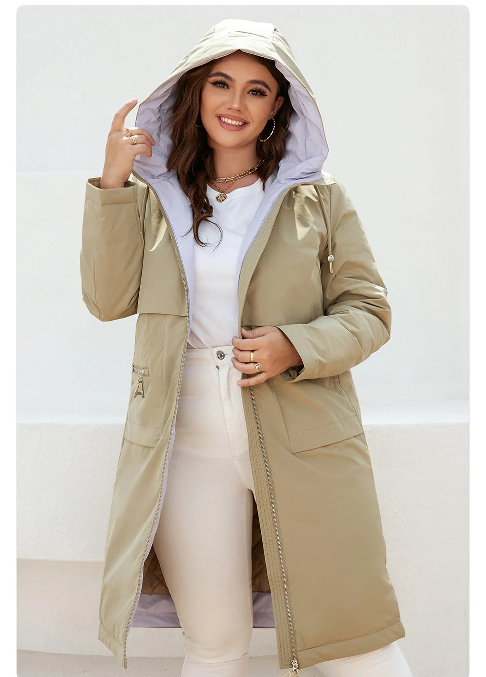 Women's jacket spring zipper long trench hooded outwear parka coat - The Clothing Company Sydney
